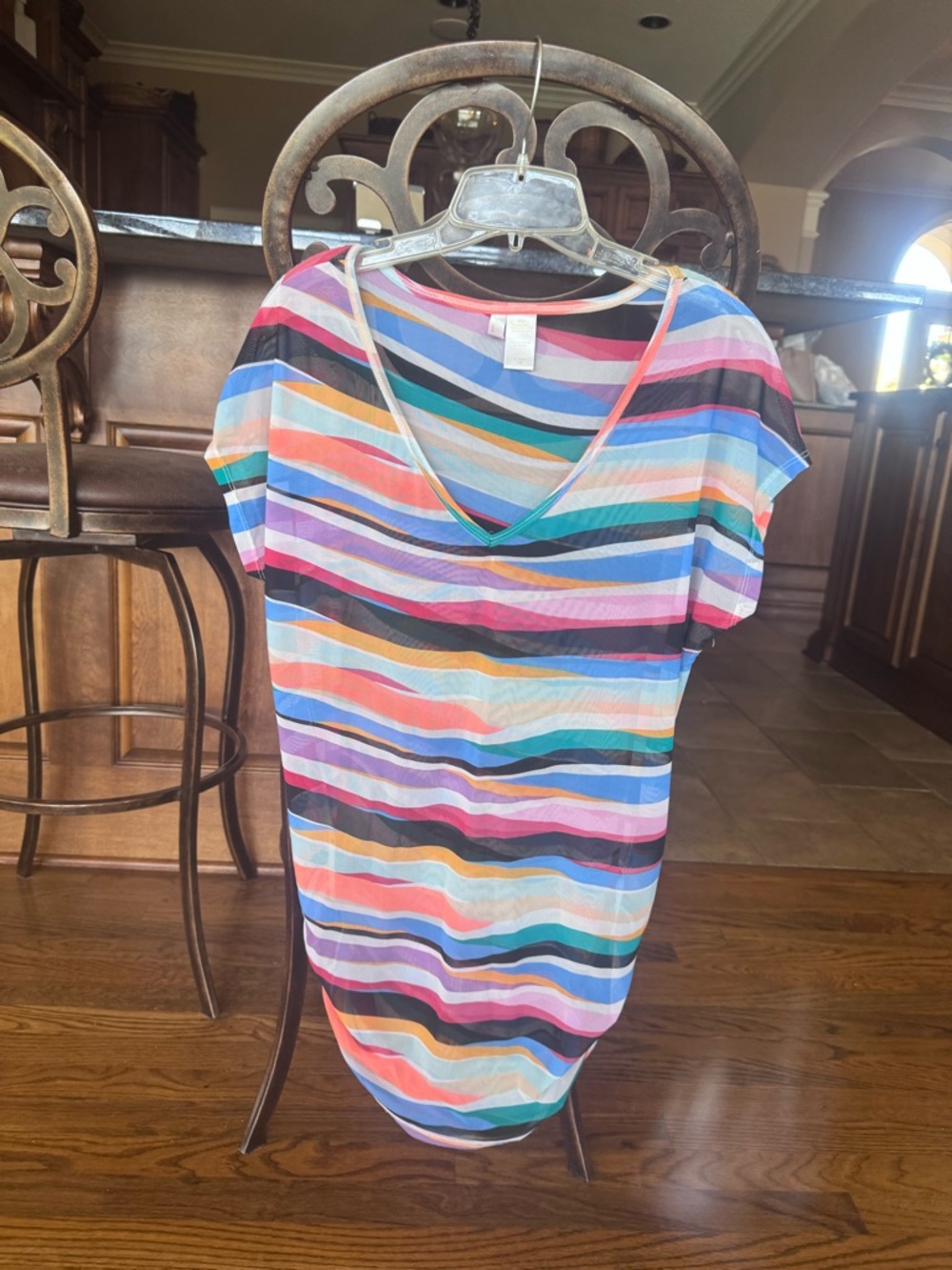 Anne Cole Multistripe Sheer V-Neck Swim Coverup in Blue, Pink, Orange